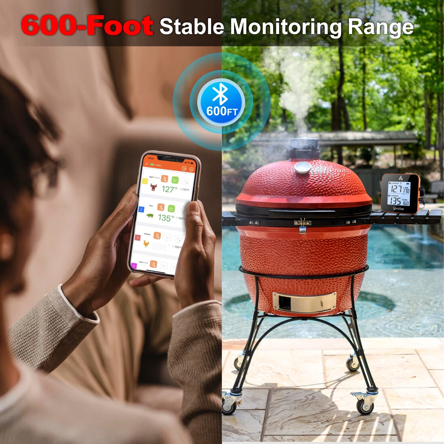 iprobe Digital 2 Probes Meat Thermometer Kitchen Wireless Cooking BBQ Food BT for Gas Grill Charcoal Kamado