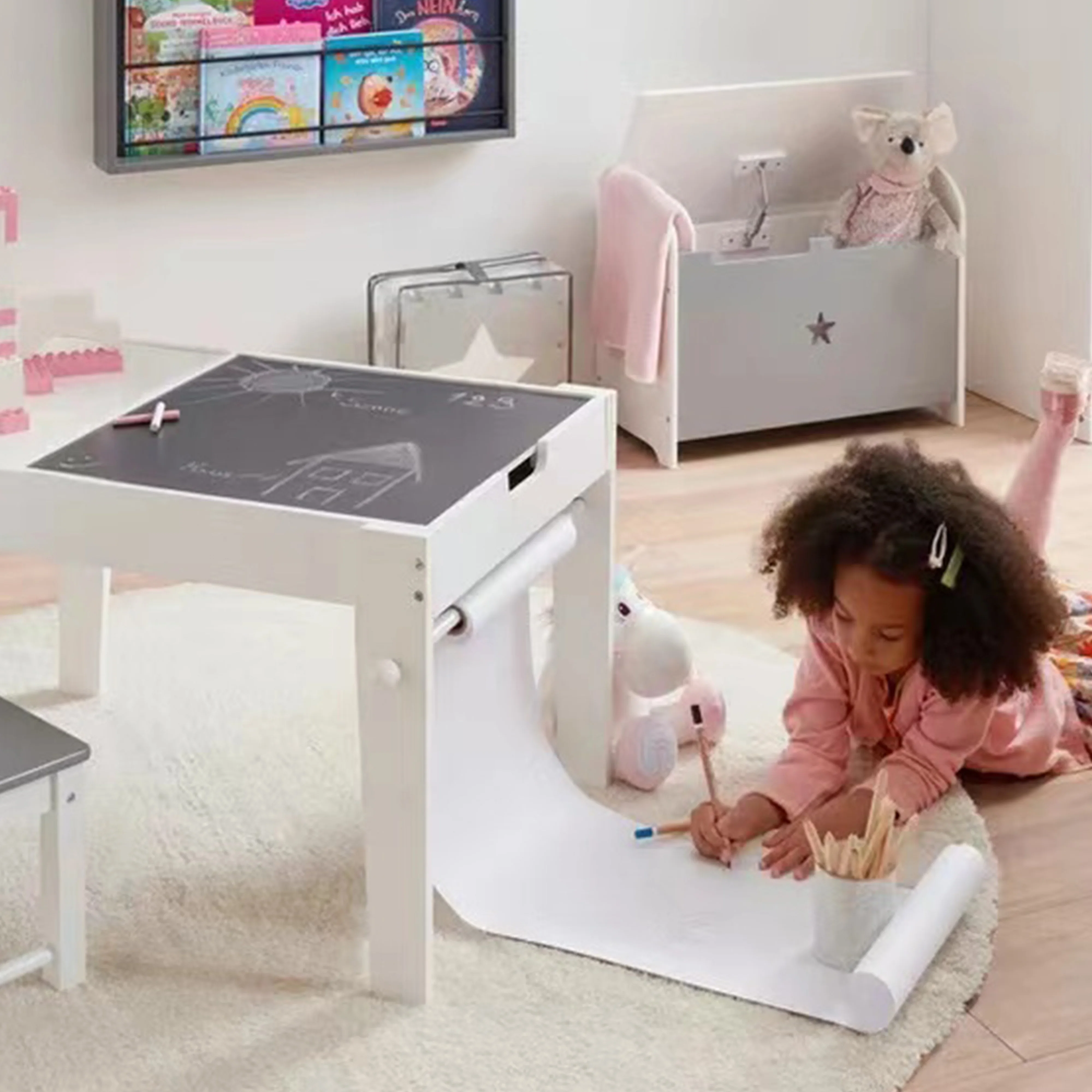 Wood Kids Lego Bricks Play Table with Reversible Desktop and Storage Drawer Wooden Activity Table Play set with Drawing paper