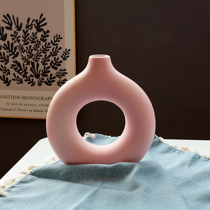 Ins Style Modern Ceramic Hollow Donut Vase Decor Chinese Style Glass Tabletop Flower Vase for Home Decoration
