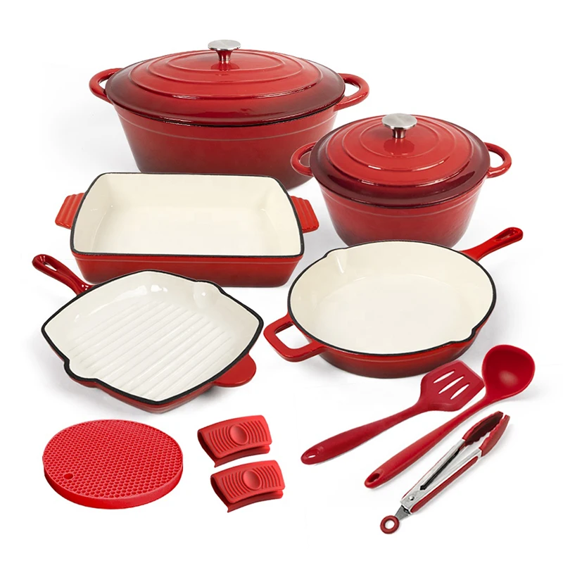 Hot selling customize logo enamel cast iron cookware set for outdoor cooking