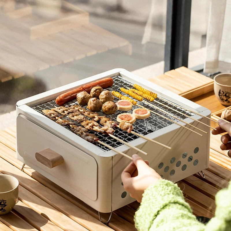 Square Camping Barbecue Stove Outdoor Portable Charcoal Smokeless Picnic Grills Stove Mini Camp Backyard Pot Enamel Baking Pan