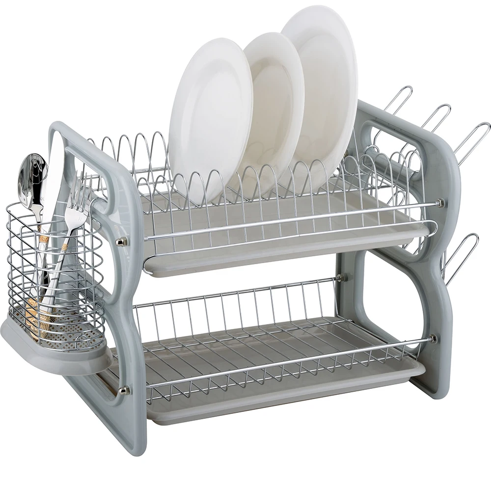 Double Layered Metal Iron Kitchen Dish Rack Chrome Wire Dish Drying Rack