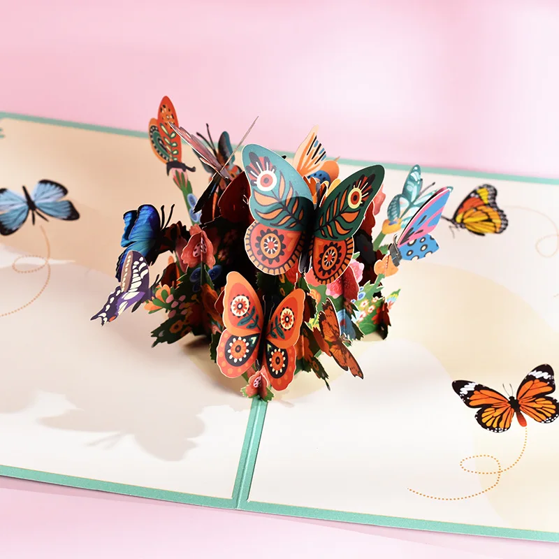 Unique Customized Birthday Colorful Butterfly Flower Blue Basket Valentine 3D Pop Up Greeting Card