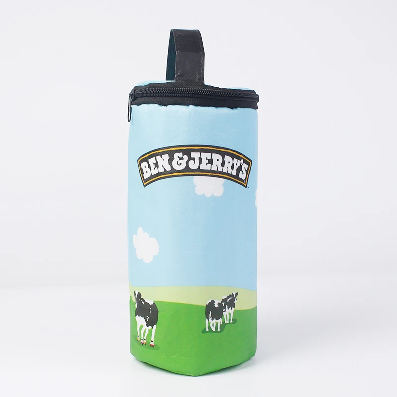 Custom Logo Cylindrical Thermal Insulation Grocery Tote Bag Portable Zipper Bottle Cooler Bag