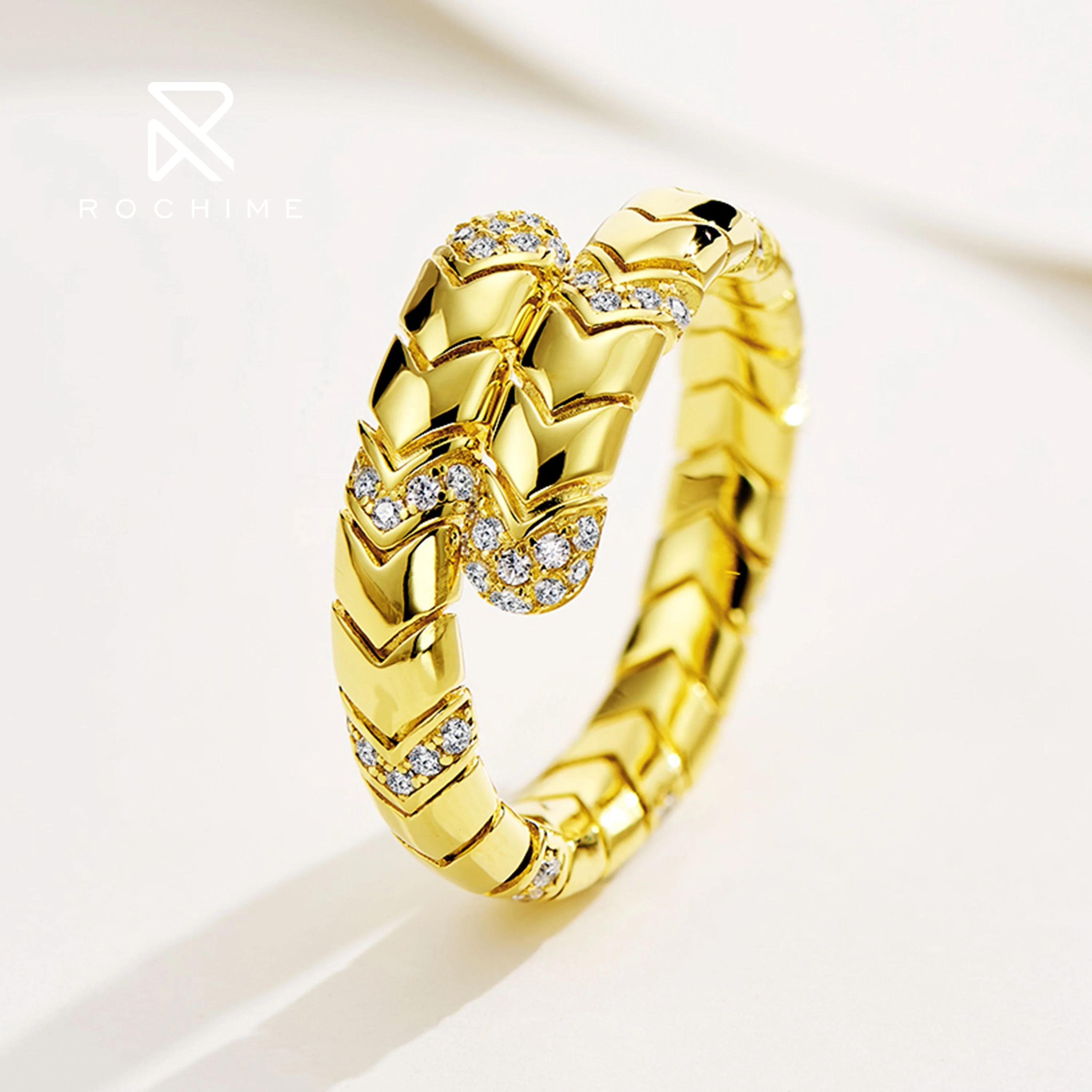 Rochime  vintage  double Spiral  snake ring  yellow gold plated open ring luxury fine jewelry for female