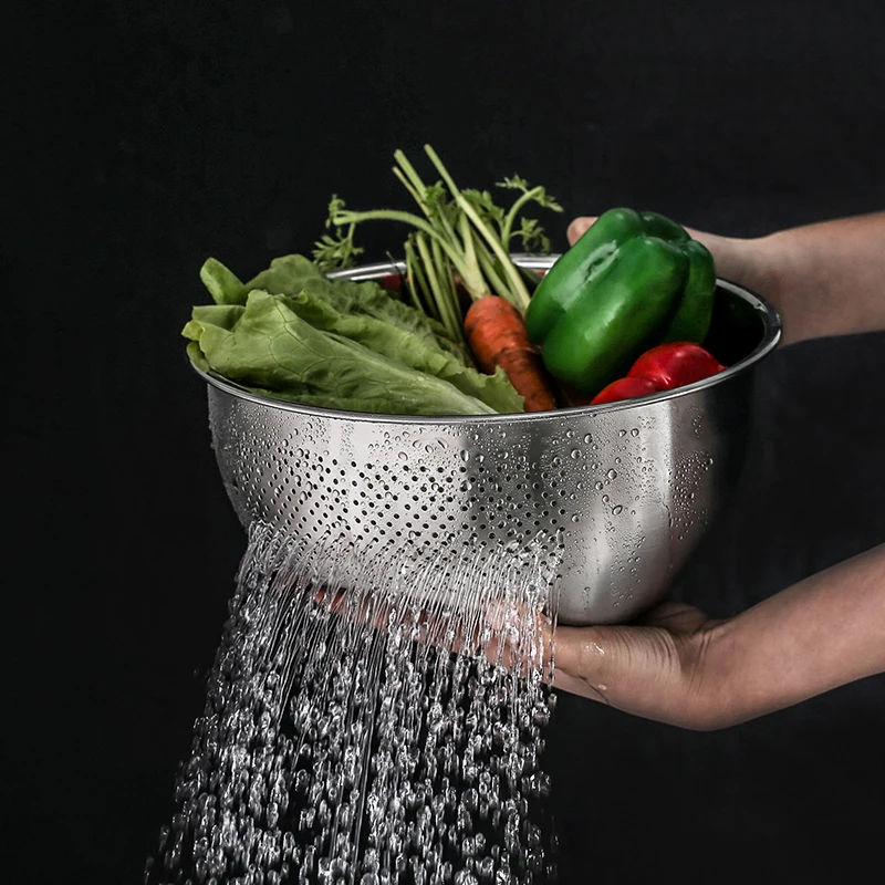 Metal Rice Washing Bowl, Versatile  Colander and Kitchen 304 Stainless Strainer with Side Drainers for Rice, Vegetables,Fruit