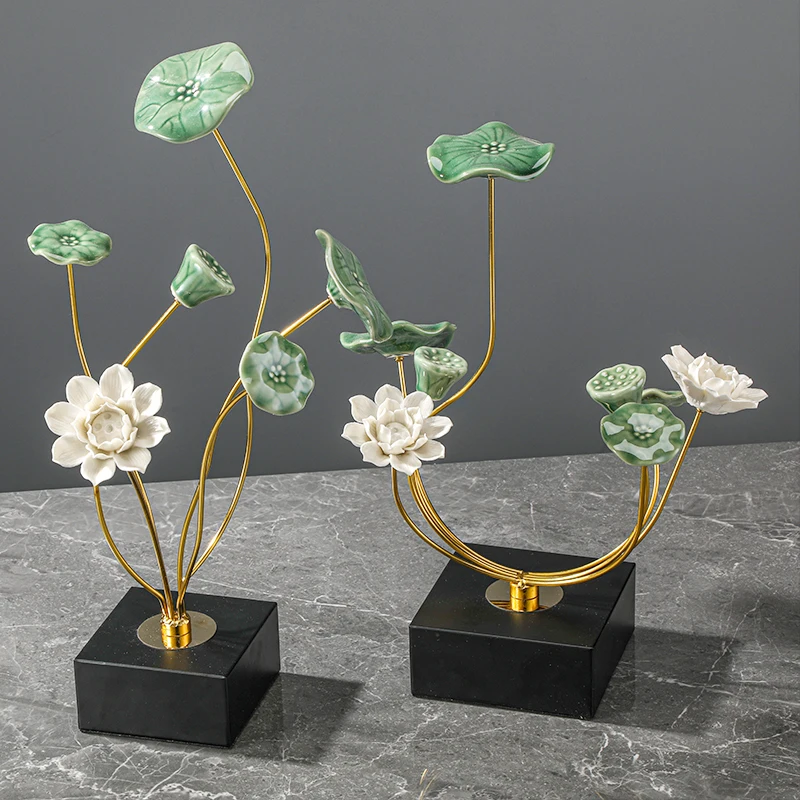 Minimalist Hotel Hallway Tearoom Interior Water Lily Green Decoration Office Desk Sculptures Gift Modern Iron Ceramic Ornament