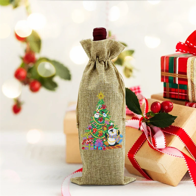 Drawstring bundle mouth waterproof linen wine package bag Christmas gift DIY diamond painting Red wine bags