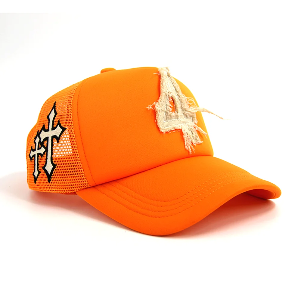 High Quality 5 Panel Foam Mesh Trucker Cap Hats with custom Applique embroidery patch logo