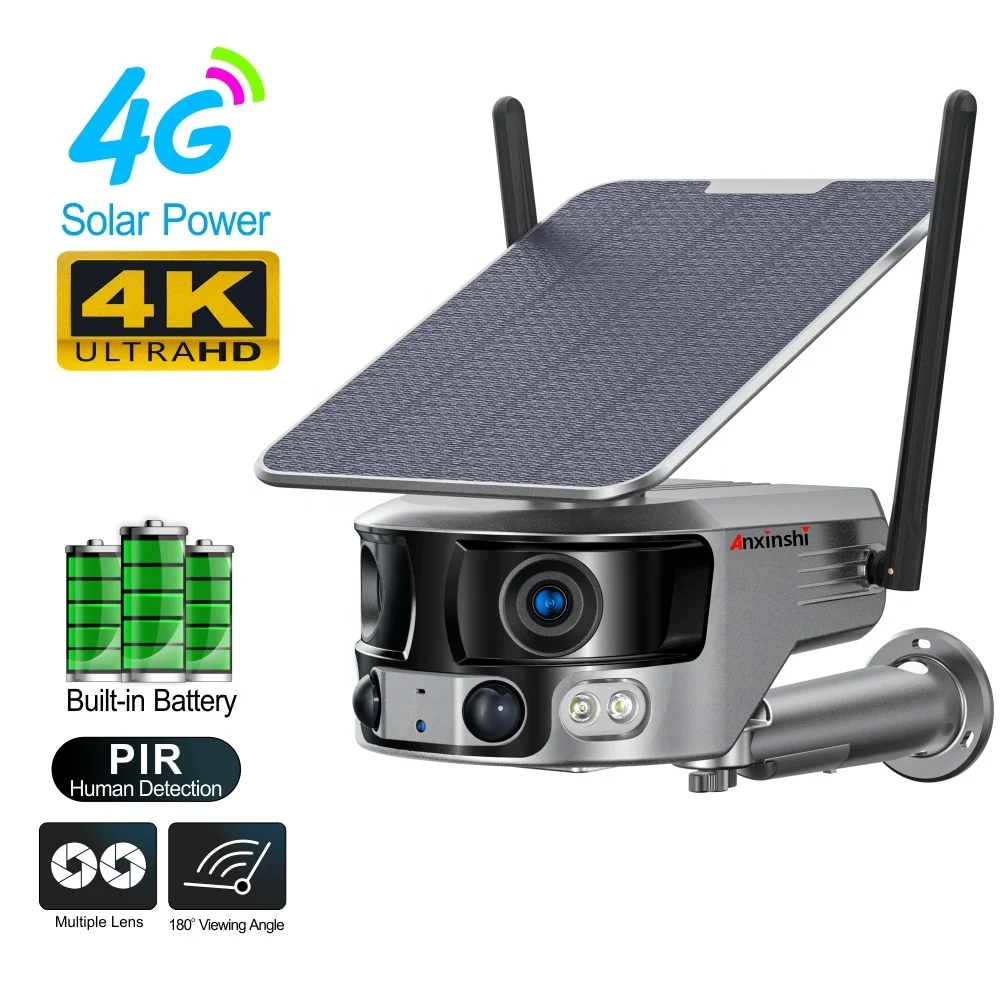 Anxinshi двухобъективная сетевая камера с 8 Мп 4G Wi-Fi солнечная батарея кронштейном