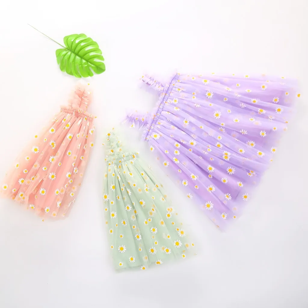 Wholesale Daisy Floral embroidery Kids Girl Casual strap Sleeveless Tulle Dresses Summer Tutu Toddler baby girl dresses