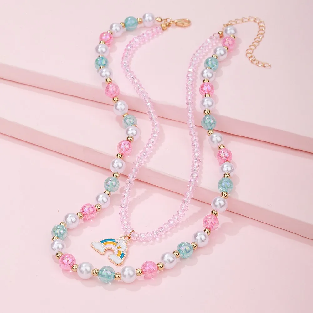 Simple Colorful Crystal Handmade Beaded Necklace Fashion Dolphin Rainbow Pendant Double Layer Necklace