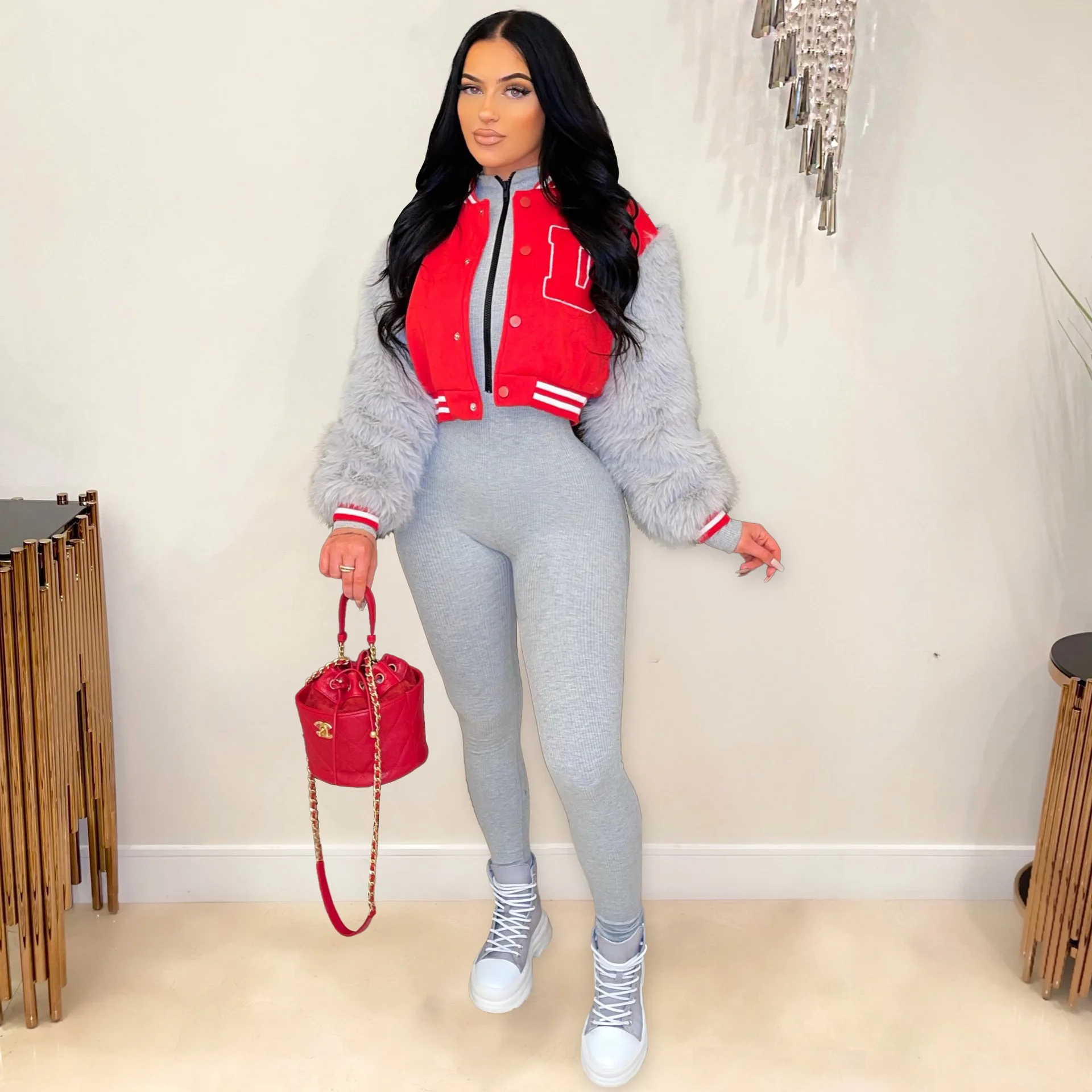 2022 Winter Women Fur Sleeve Jacket Short Baseball Coats Faux Rabbit Fur Baseball Jacket Coat Outwear Fur Coat Jacket