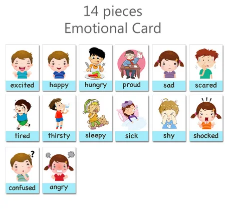 14pcs Baby English Learning Cards Cartoon Emotion Flash Cards For Children Early Educational Toy Memory Game For Kids