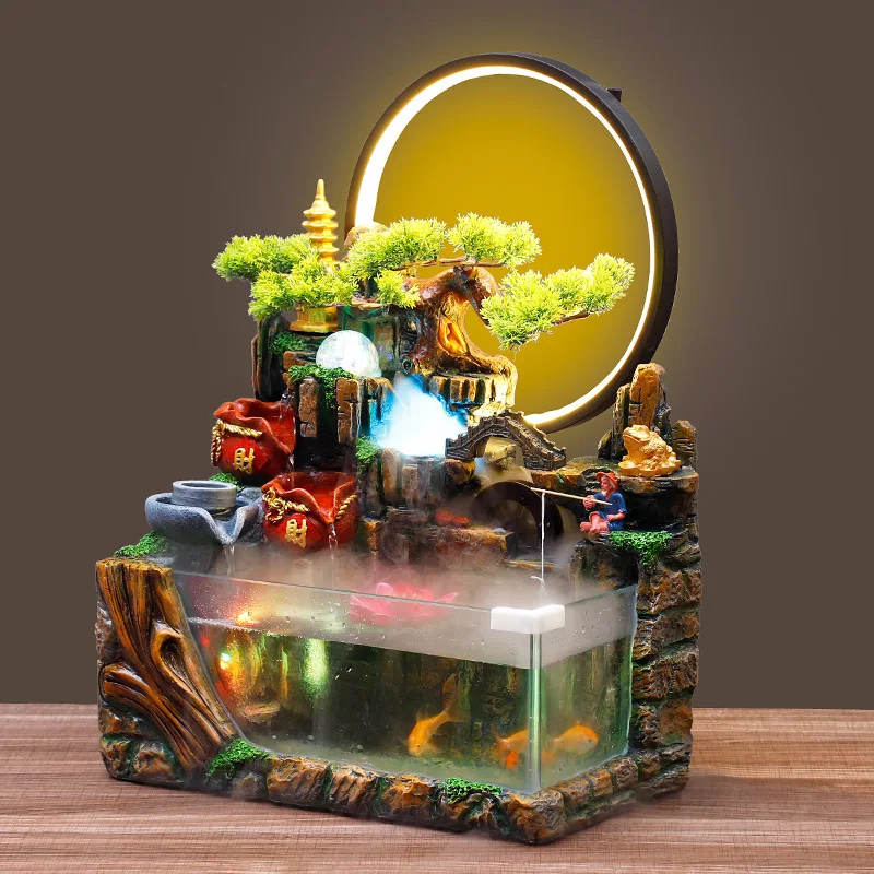 Fish tank landscape rockery water fountain Feng shui wheel crafts home bonsai creative resin decoration