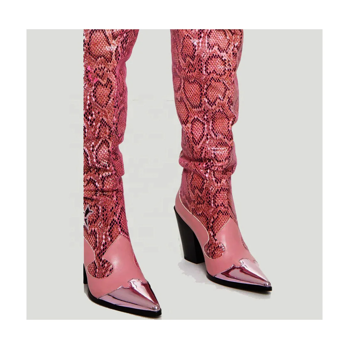 women pink cotton mesh fabric with snake print leather chunky heel thigh high boots