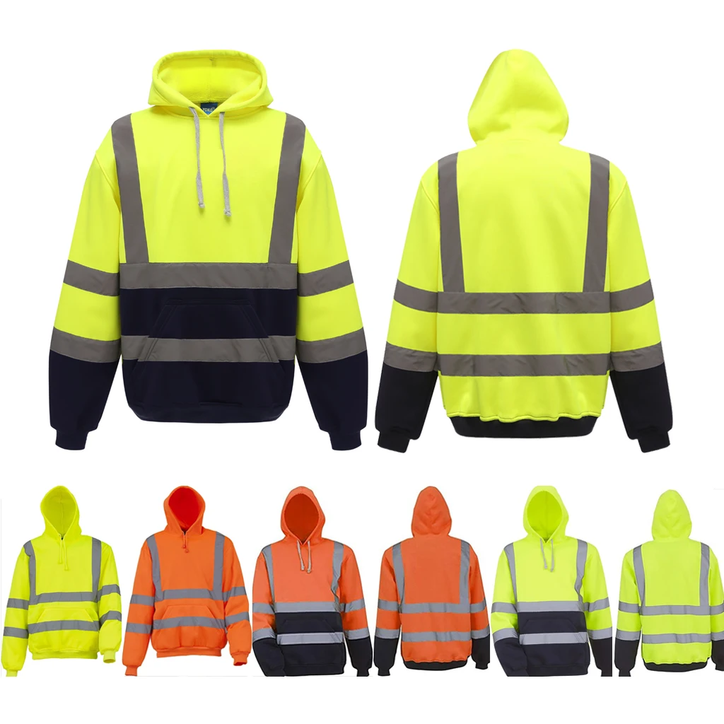 High Visibility Hoodies Reflective Pullover Sweater EN ISO 20471 ANSI Class 3 Flu Yellow Long Sleeve Safety Sweatshirt