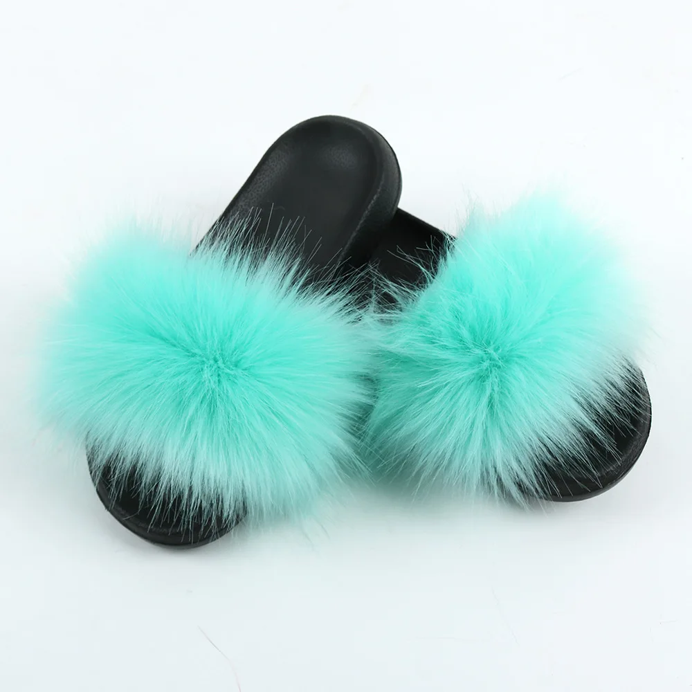 Ladies fur slippers slides/custom faux furry slides slippers/wholesale faux fox fur slides