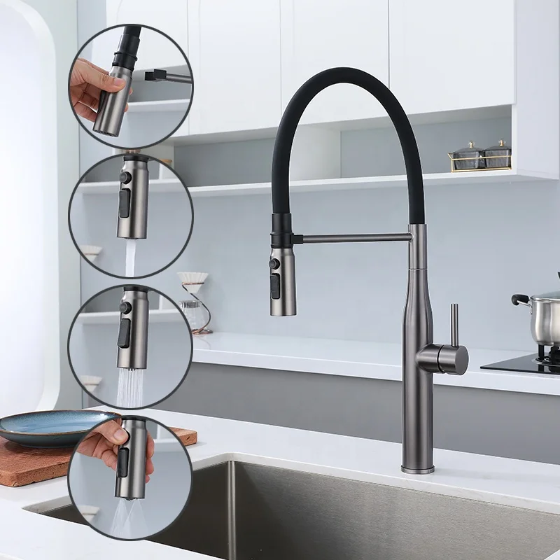 Manufacturer OEM Pull Down Black Single Lever Hot Cold Mixer Water Three Spout Nozzle Faucets for Kitchen Sink