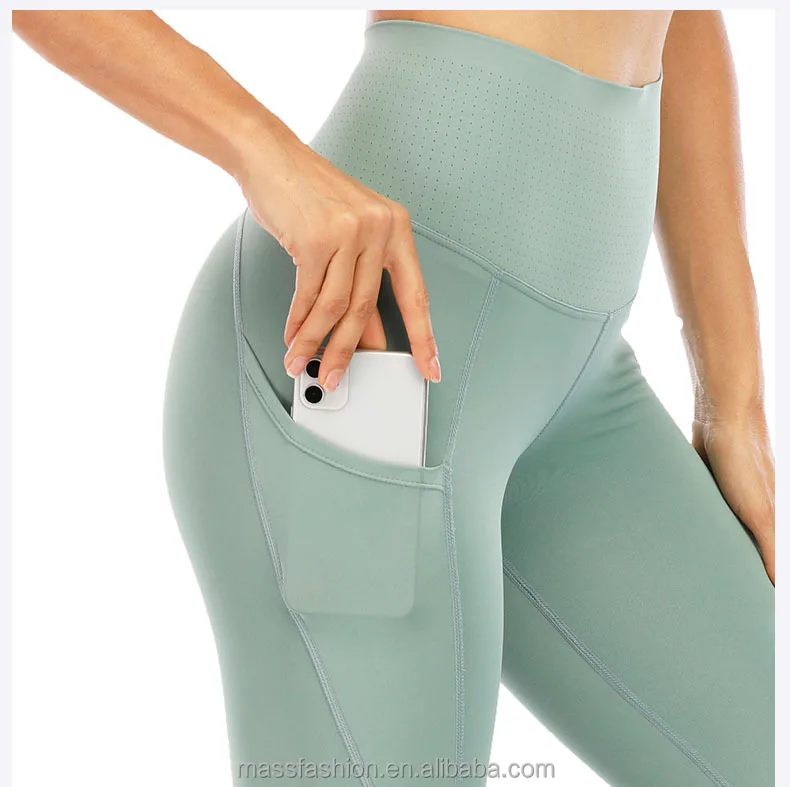 Female Nylon / Spandex Yoga Pants Workout Running Leggings with Pockets