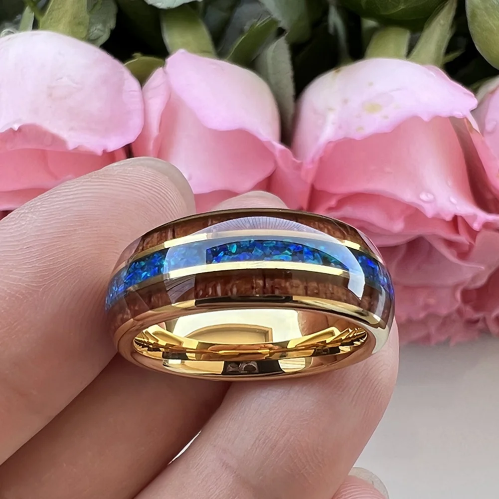 Coolstyle Jewelry 8mm Blue Opal Koa Wood Inlay Gold Tungsten Carbide Ring for Men Women Fashion Wedding Band Comfort Fit