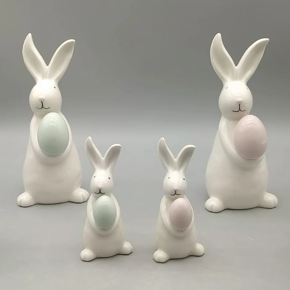 Creative Easter Rabbit With Egg Ornament Ceramic Bunny Porcelain  Folk Art Animal For Easter Home Spring Decors