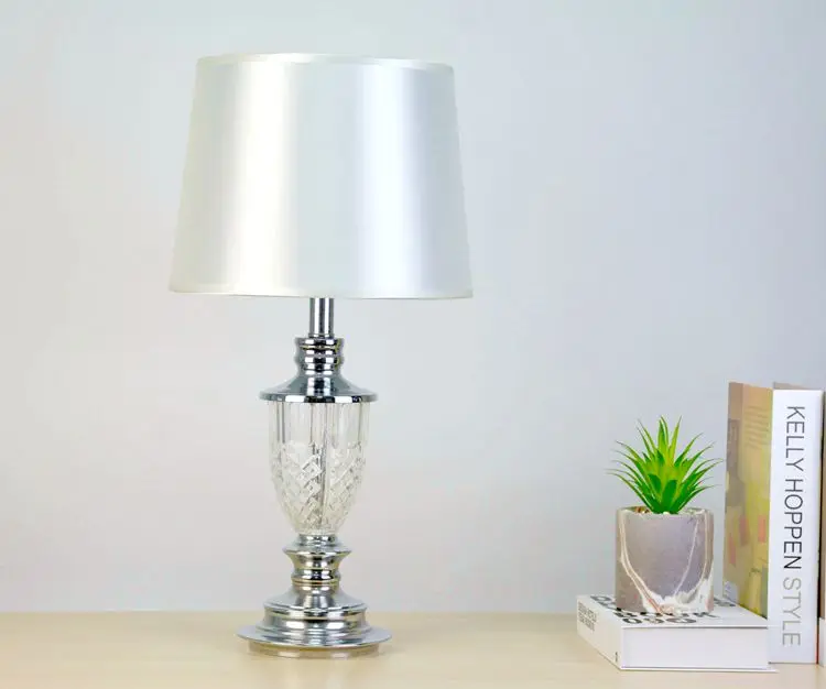 Elegant Silver Glitter Fabric Shade Bedroom Bedside Lamps Simple Style Clear Glass Table Lamp