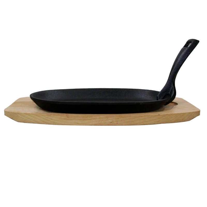 Oval Pre-Seasoned 24x14cm Cast Iron Hot Skillet Plate Sets Non Stick Fry Grill Sizzling Steak Pan with wooden base