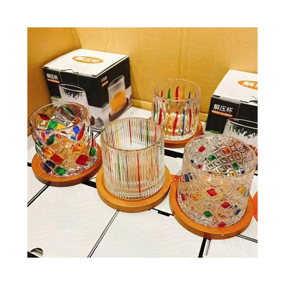 Colorful hand painted creative rotating glass beer mug transparent for premium bar drinking glass with wooden base and color box