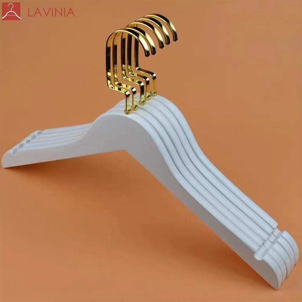 Lavinia Logo Custom Wholesale White Hangers Wood Clothes Hanger With Silver Gold Hook White Wooden Shirt Hangers