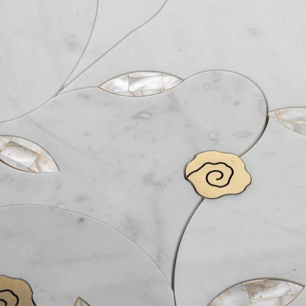 Factory Supplier Luxury Nature Marble Mix Shell & Metal Waterjet Exquisite Hotel Villa Palace Decorative Wall Mosaic Tiles
