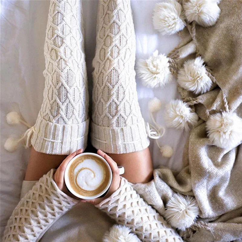 Winter crochet cable knit extra long thick over knee stockings cozy thigh high sock boots with pom pom