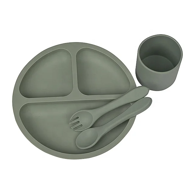 Food grade BPA free toddler dinnerware silicone divided plate cup spoon set baby kids dining set dishwasher safe