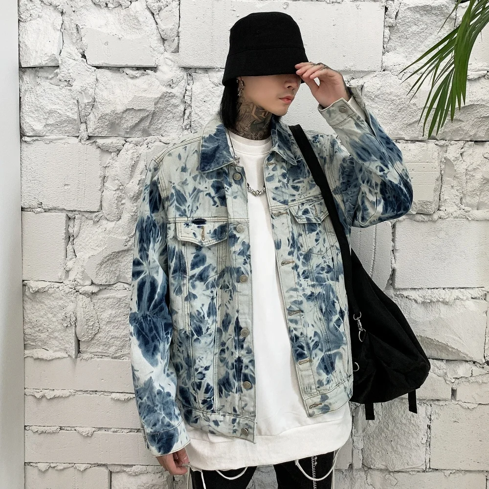 Tie dye European and American autumn winter hip hop denim jacket for men tie dye denim jacket for men from factory