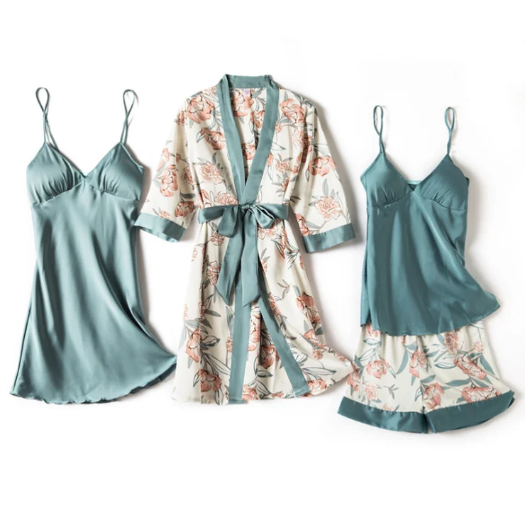 summer women sexy silk pajamas 4pcs sling long sleeved nightgown  satin pajamas