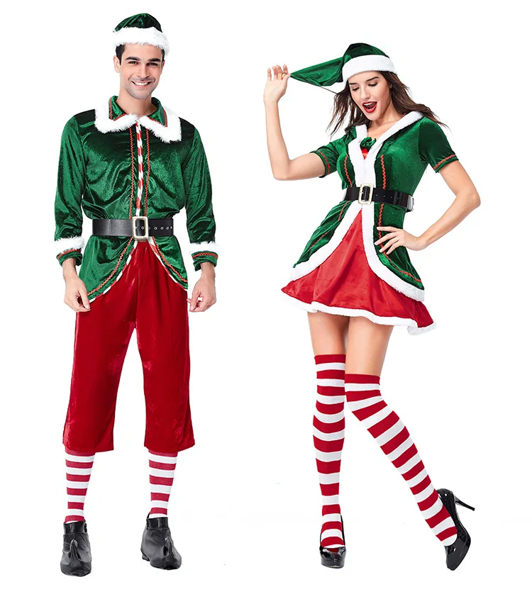 2023 Men Christmas Santa Claus Costume Green Elf Cosplay Family Christmas Party New Year Fancy Dress Clothes Set For Adult