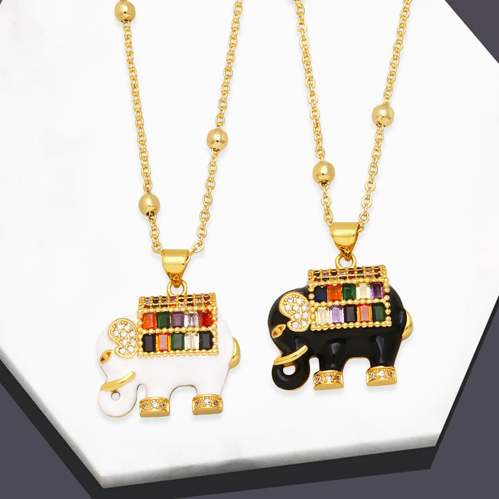 Fashion Black White Enamel Elephant Pendant Necklace Gold Plated Micro Pave Rainbow Zircon Animal Amulet Necklace Women Jewelry