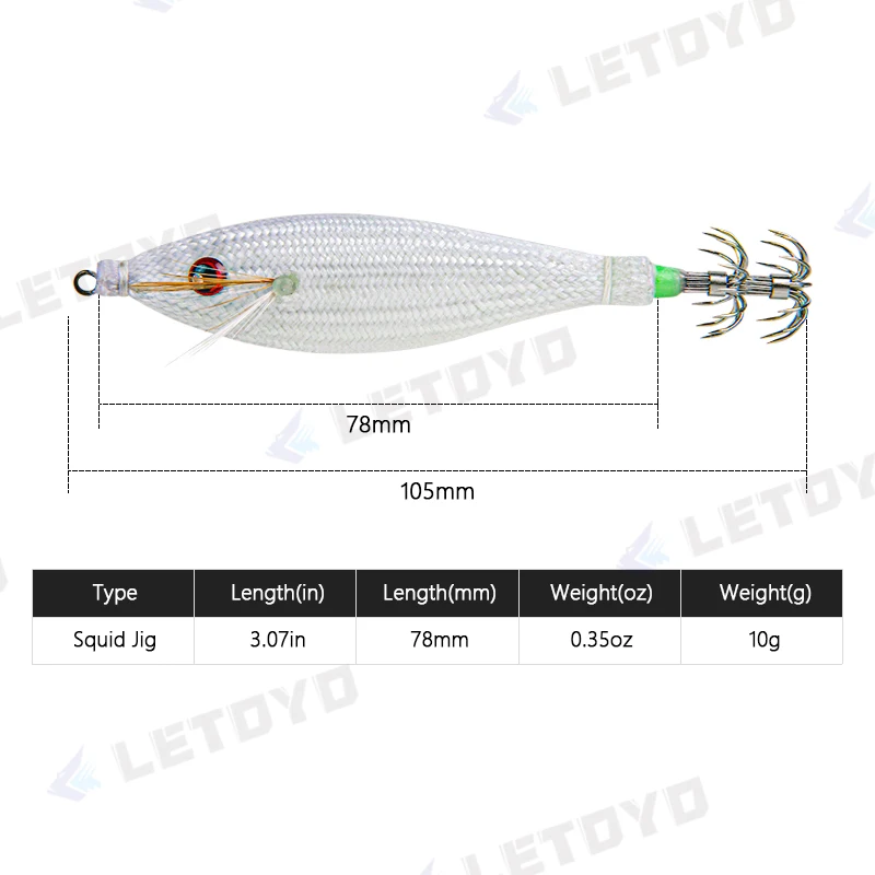 105mm 10g Squid Hook with Shrimp Bag Luminous Rattle Squid Jig Fishing Wood Shrimp Lure Squid Cuttlefish Jigs Lures