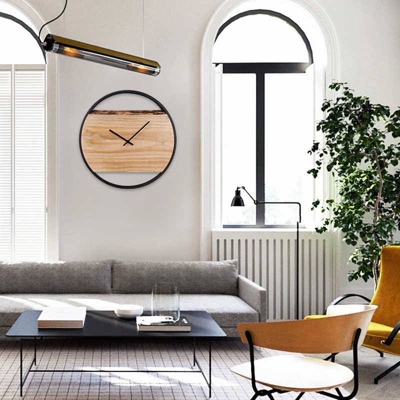 16 Inches Wood Nordic Wall Clocks Large Home Decorative Modern Metal Frame Solid Wooden Clock Big Custom wholesale