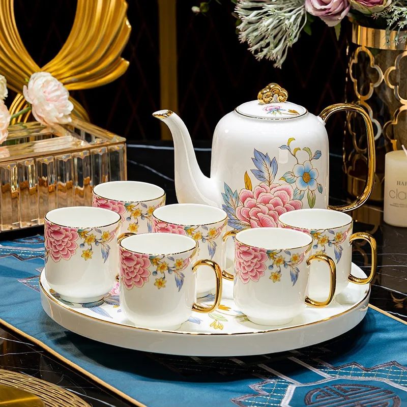 Custom Wholesale European Afternoon Tea Pot and Cups Set Luxury Gold Rim Ceramic Tea Set with Teapot