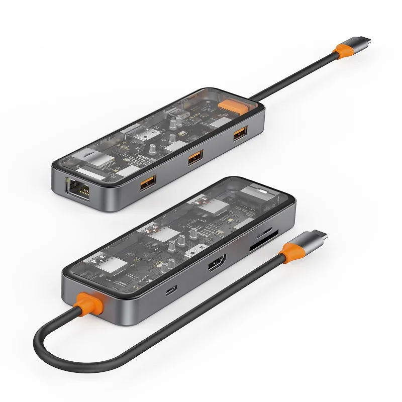 WiWU New Transparent Design Zinc Alloy 8 in 1 Multi Function Hub Fast Charging PD USB Hub HDTV Type C Hub for Mac book