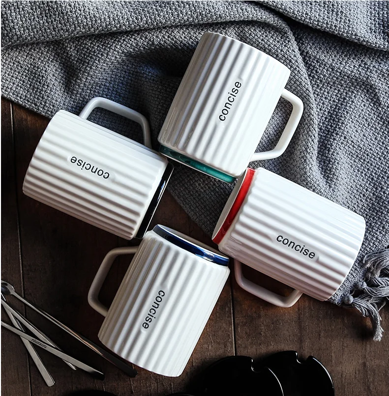 High Quality Kitchen Home Tea Drinking Letter Cup Cylindrical Striped Ceramic Coffee Mug With Lid