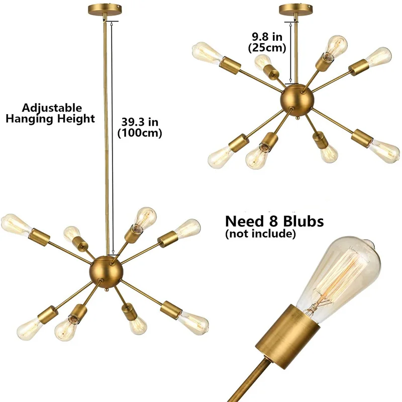 
Modern Chandelier Brushed Brass 8-Lights Pendant Light, Electroplating multi-head lamps for Dining Hall Bedroom Hotel Home Lamp 