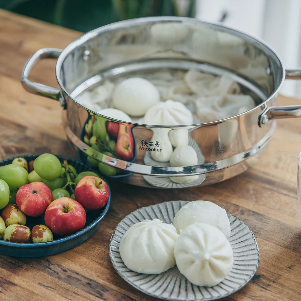 M-cooker ducth oven enamel steamer pot dish stew soup cooking cast iron casserole with stainless steel steamer