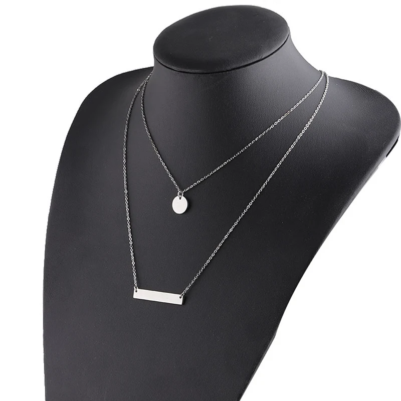 2021 Fashion Jewelry Double Layer Gold Personalized Stainless Steel Blank Bar Disc Charm Necklace