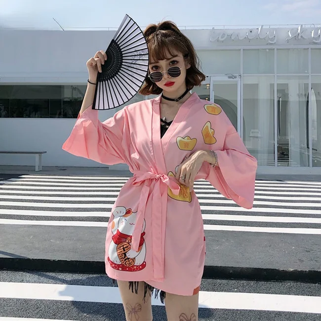 Кимоно женское в японском стиле, Свободный кардиган с красной кошкой, юката, хаори, азиатская одежда в традиционном японском стиле