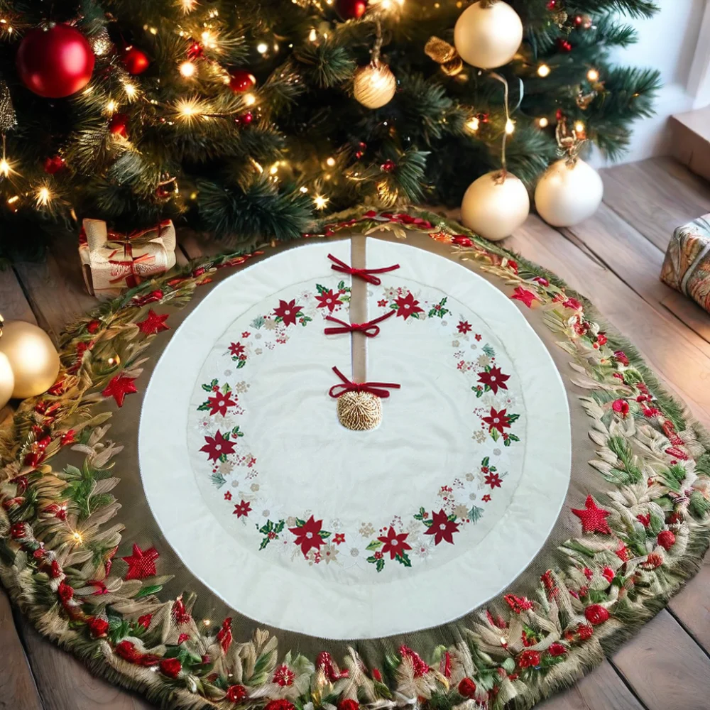 Luxury 48-Inch Rustic Style Embroidered Christmas Tree Skirt Festive Home Decorations