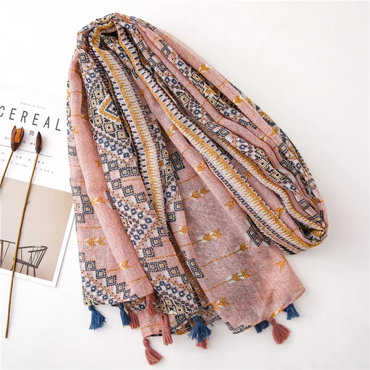 Fashion Scarf Factory China Wholesale Long Voile Printed Women Head Tassel Scarf