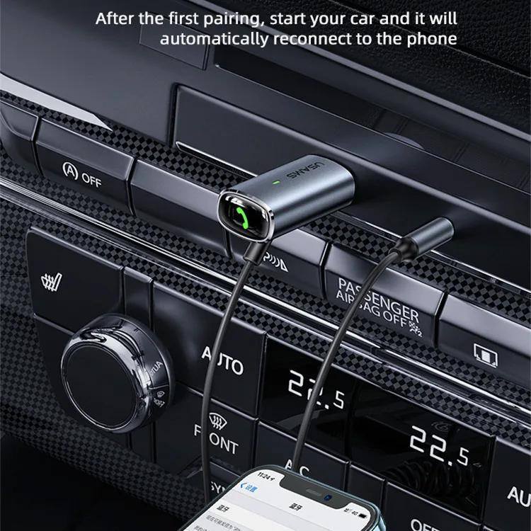 
New Arrivals USAMS US-SJ504 BT5.0 Aluminum Alloy Car Accessories Wireless Audio Receiver USB Player AUX Cable 