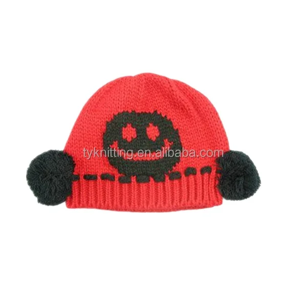 Cute Animal Pattern Wool Ball Double Pom Knot Knitted Warm Hat Cuffless Beanie for Kids